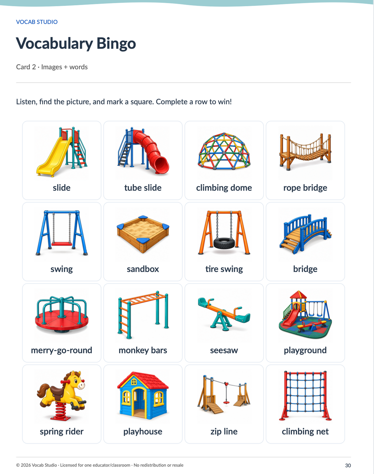 Vocabulary Bingo cards